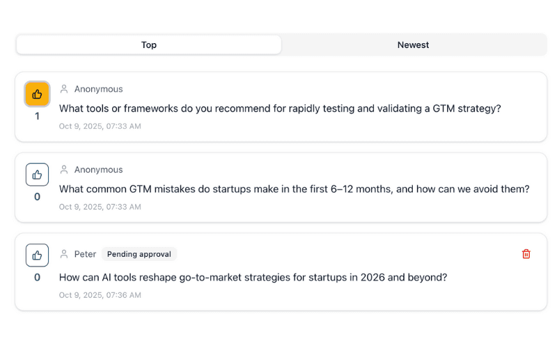 Display top-voted questions on screen